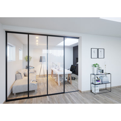 2 Panel Clear Glass Sliding Room Divider - Aluminum Frame with Silent Glide technology