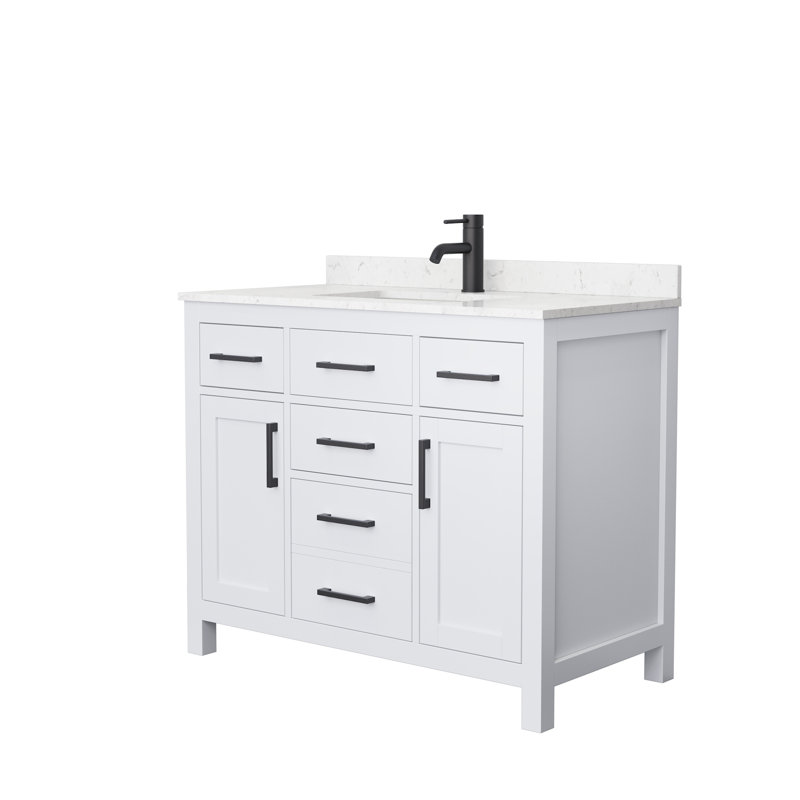 Meuble-lavabo simple autoportant de 42 po avec plateau en marbre Beckett, Blanc, Noir mat, Marbre de culture de Carrare
