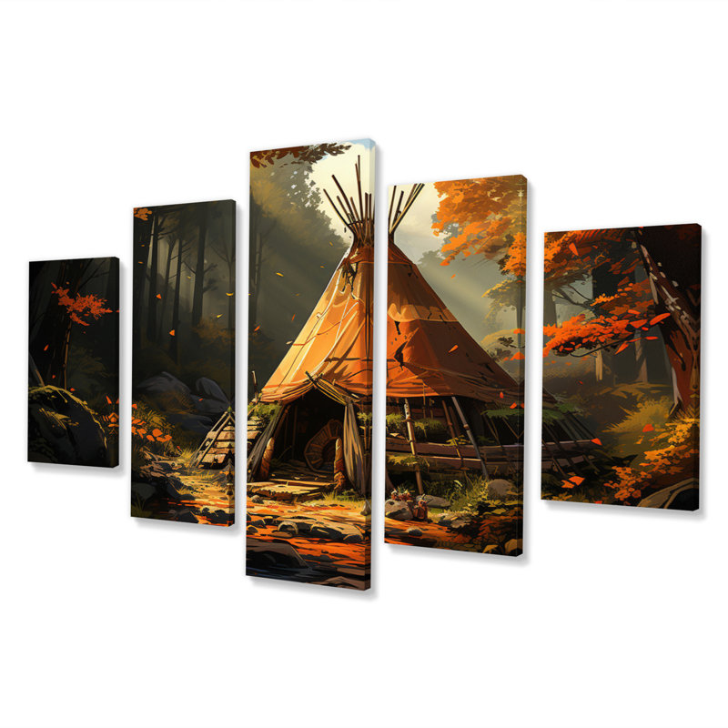 Orange orange noir Tipi Soulful Connections II - décoration murale Art amérindien - 5 panneaux