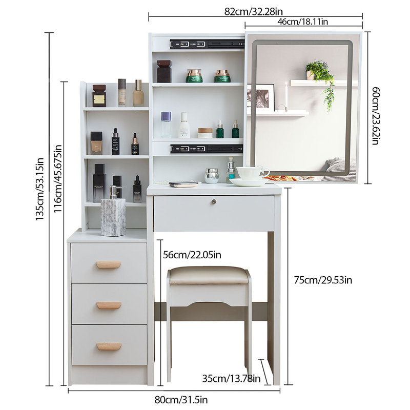 Bureau de coiffeuse avec miroir coulissant et lumières, ensemble de coiffeuse à maquillage avec 4 tiroirs, tabouret, prise de courant, tablettes ouvertes, 3 modes d'éclairage réglables en couleur, coiffeuse à maquillage pour la chambre à coucher
