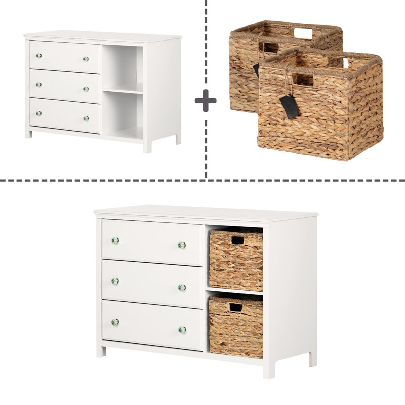 Bohemian Pure White 3-Drawer Dresser with Wicker Baskets