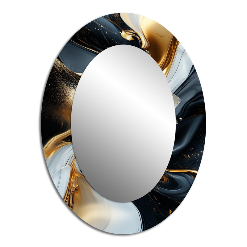 Gold And Black Captivating Marble III - Modern Oval Wall Mirror, 40" x 30"