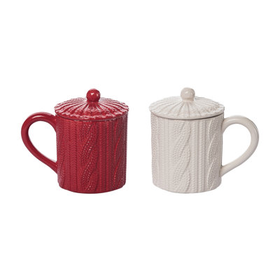 Ensemble de 2 tasses en tricot Dolomite avec couvercle de chapeau - Verres en céramique rouges festifs pour Noël - Tasses à usage intérieur de 16 oz, parfaites pour la décoration et les cadeaux - Cadeaux d'hôtesses idéales pour les Fêtes