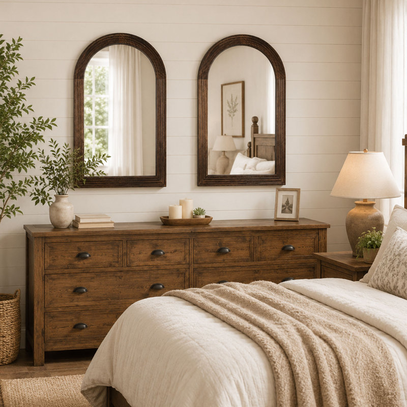 Ensemble de 2 miroirs muraux arqués en bois brun 2 pièces 20 po x 30 po, Brun