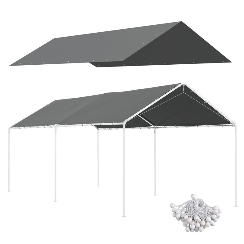 10' X 20' Carport Replacement Top Canopy Cover, UV Resistant And Water Resistant Car Port Portable Garage Tent Cover With Ball Bungee Cords, White, Only Cover
