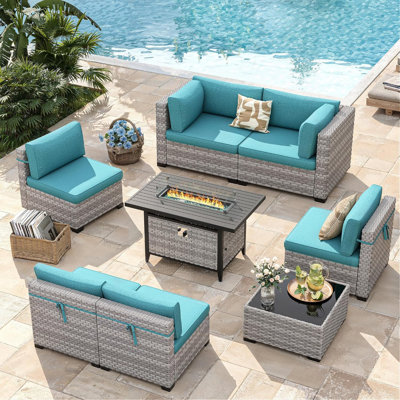 6-Piece Rattan Outdoor Conversation Set with Cushions and Glass Coffee Table & Optional Fire Pittable