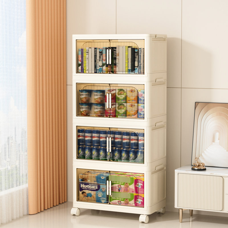 Rangement pliant blanc crème 4 avec porte magnétique - 19,98 po 12,04 po 40,53 po, plastique, roulettes, unité latérale 19,98 po