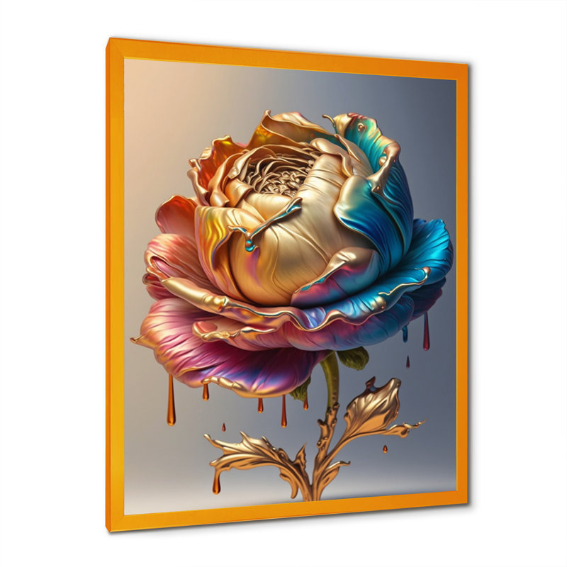 Pivoine arc-en-ciel liquide or II - reproduction sur toile, H 40 po x l 30 po x P 1,5 po, Encadrement doré
