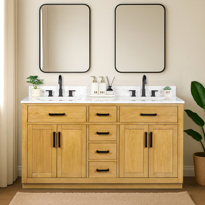 60'' Double Bathroom Vanity with Drawers, Shelf, Outlet, and Engineered Marble Top