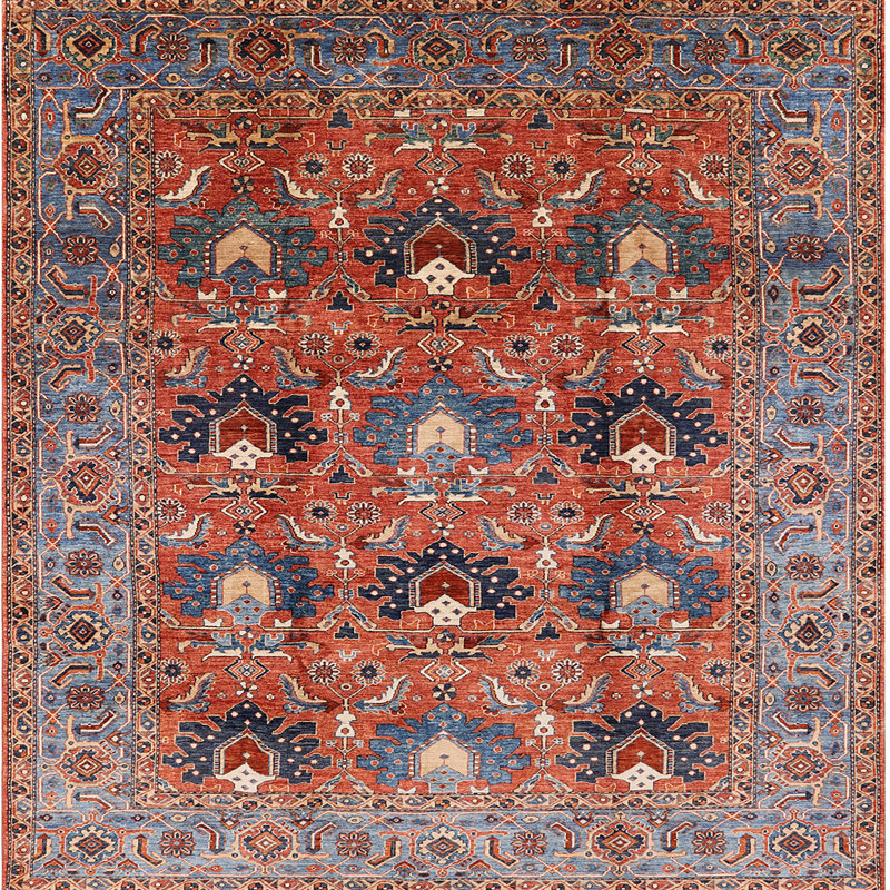 Tapis oriental rouge et bleu, Carré 7 pi