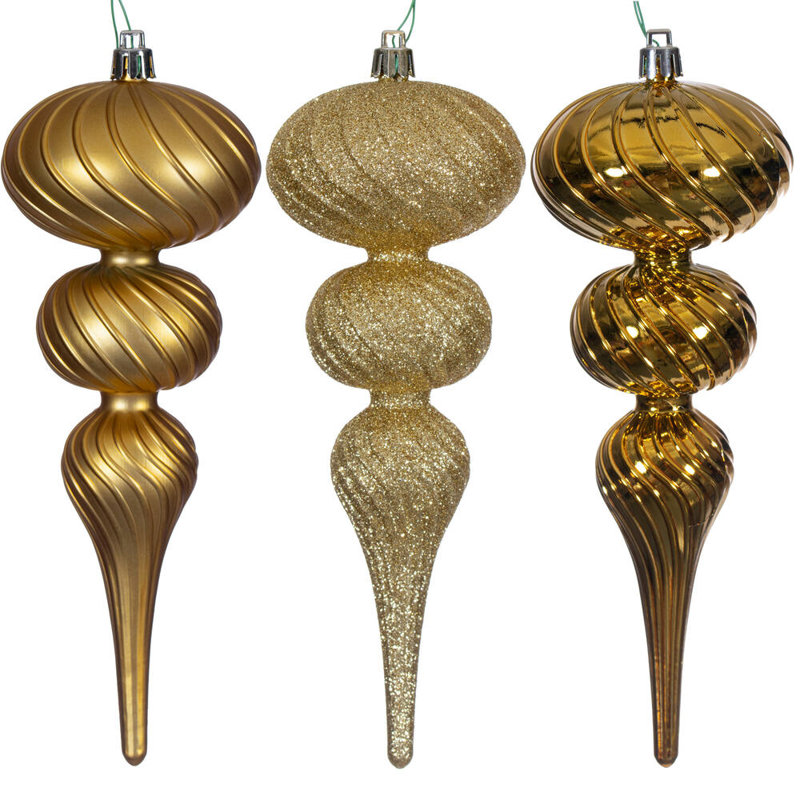 Vickerman 8" Swirl Finial Ornament Assortment. Two matte, two shiny, and two glitter., Gold