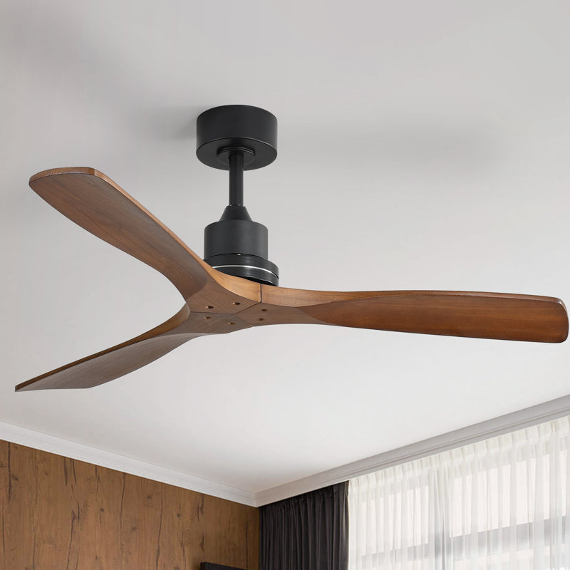 52'' Solid Wood 3-blade Modern Ceiling Fan With Remote Control And Smart App Remote Control, Black with Brown Wood Blades