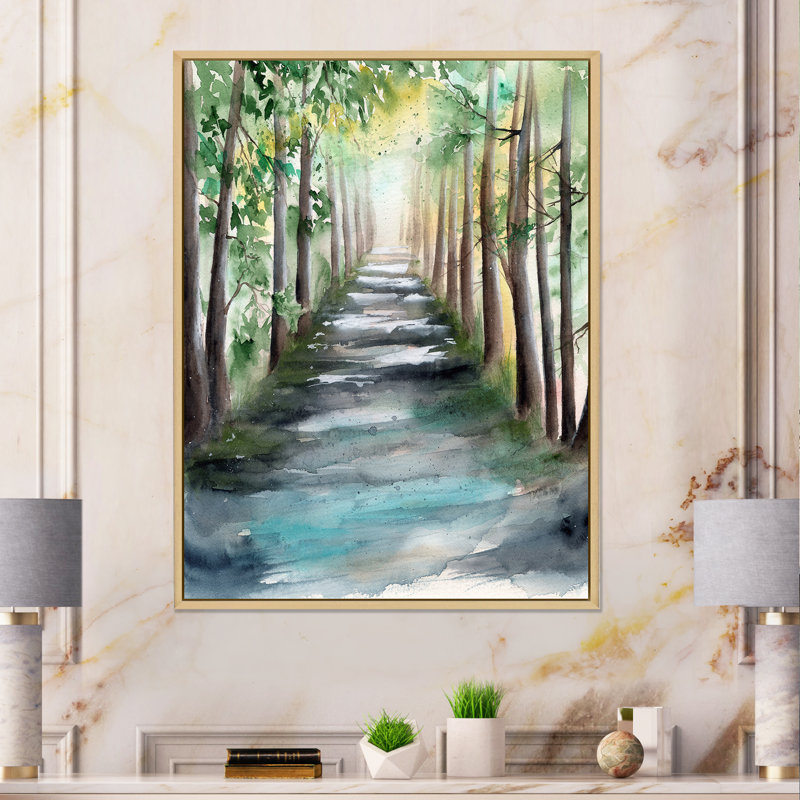 «A Sunlit Forest Alley with Tree Shadows I», peinture sur toile, H 32 po x l 24 po, Cadre flottant érable