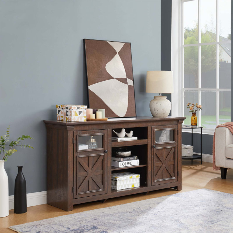 Meuble télé Farmhouse avec portes de grange, grande console de divertissement, tablettes réglables, gestion des câbles et conception classique