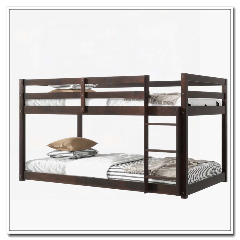 Lit superposé simple au-dessus d'un lit simple en bois massif et en bois d'hévéa massif avec échelle, plateformes supérieure et inférieure fabriquées avec des lattes renforcées, espresso