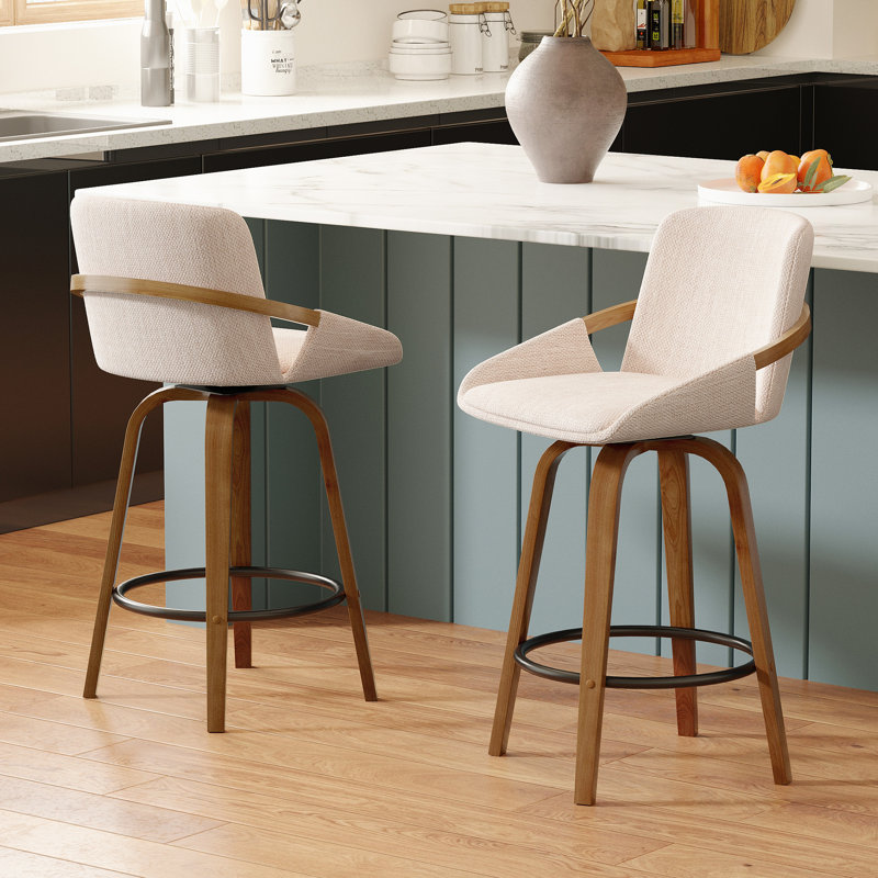 26'' Counter Modern Upholstered 360° Swivel Bar Stools With Curved Backrest & Solid Wood Frame -Linen, Beige