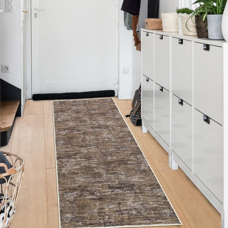 2x6 Runner Rug Washable Runner Rug Modern Abstract Runner Mat Hallway Contemporary Solid Rug Non-Slip Foldable Aesthetic Accent Floor Carpet Beige