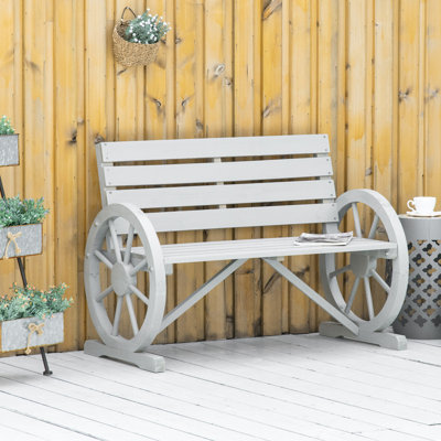 41" Weather- Patio Bench, Rustic Wooden With Wagon Wheel And , Gray Bench In Style, Gray, Weather , 2 Seat, Solid Fir Wood Construction