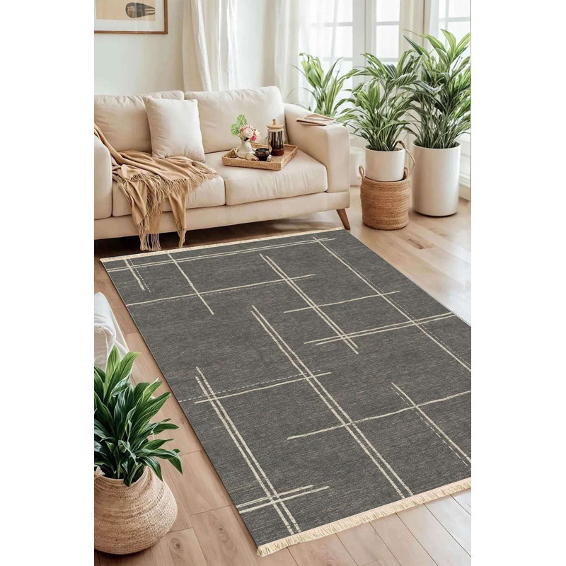 Tapis gris anthracite lavable à la machine 4 pi x 6 pi 100% coton à motif abstrait