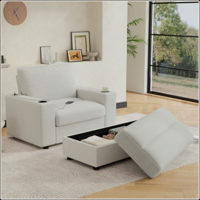 42.8" Oversized Chaise Lounge Chair With Storage Ottoman, Corduroy Sofa Bed With Cup Holders & USB Charging Port, Upholstered Sleeper Chair, Deep - Seat Reading Couch For Living Room, Bedroom