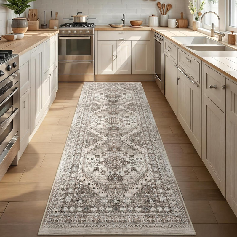 Medallion Non Slip Washable Rug(Brown), Runner 2'6" x 8'
