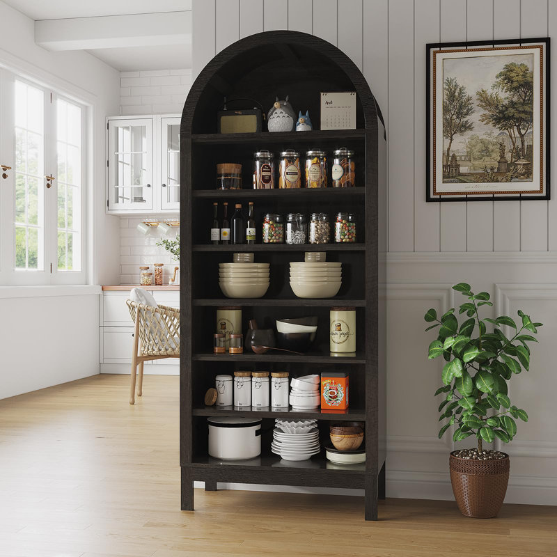 Meuble à chaussures et bibliothèque arqués en bois de 71 po de hauteur, organisateur autoportant à 7 niveaux avec tablettes réglables, rangement pour vestibule, couloir ou chambre à coucher moderne