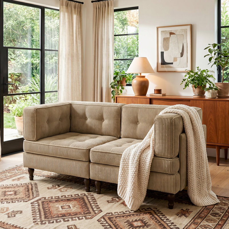 Upholstered Camel Tufted Corduroy Modular Sofa with Pillow Back, Camel