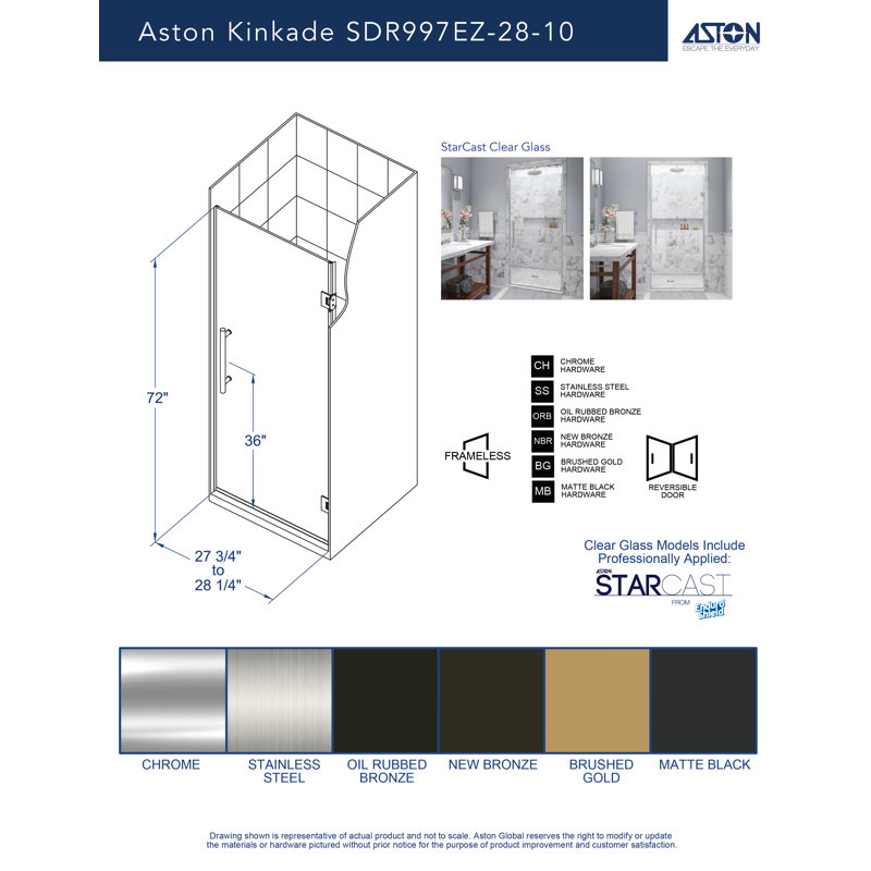 Kinkade 27.75" - 28.25" W x 72" H Hinged Frameless Shower Door, Chrome