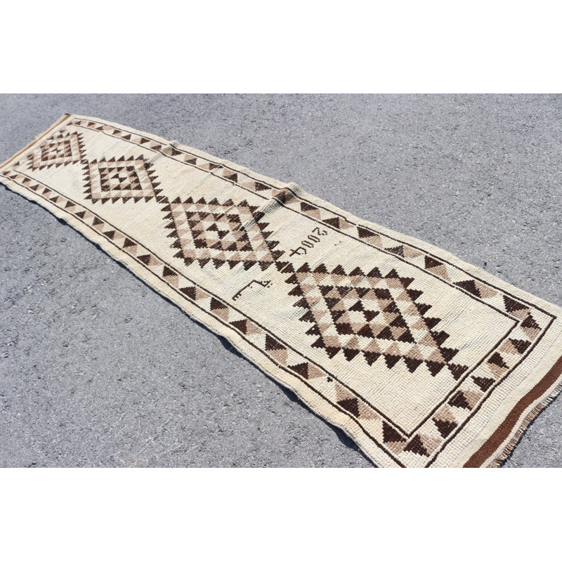 Tapis de chemin de fer turc rétro vintage avec motif tribal géométrique beige pour le couloir et décoration pour la maison Boho fait à la main en laine