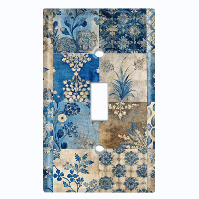Couvercle de plaque d'interrupteur en métal; Bascule de taille standard 1 US - damassé florale bleue rétro