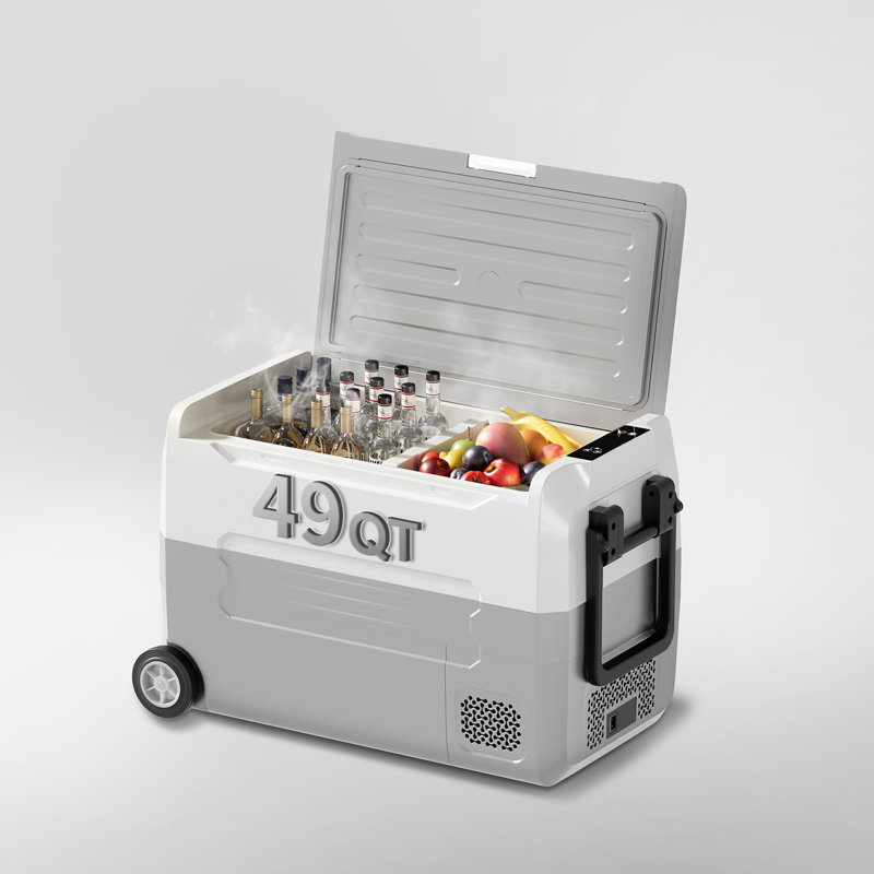49QT(45L) Ultra-fast Cooling Car Refrigerator with Dual-compartment Independent Temperature Control & Display, -4?~68?,Portable Car Fridge with Robust Wheels & Handle For Easy Rolling, 12/24V DC, 110V/220VAC, Black/Grey