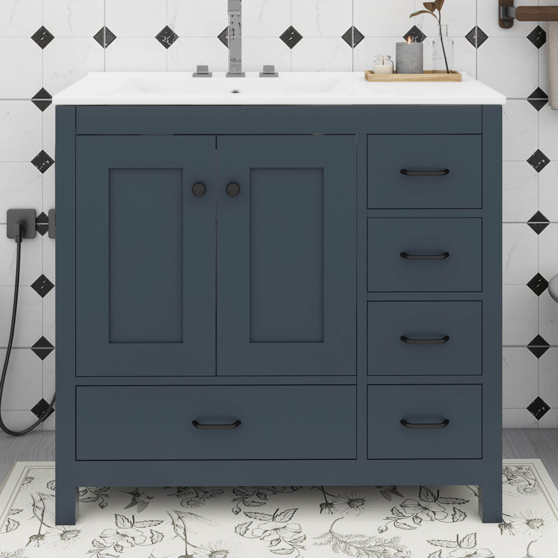 Meuble-lavabo 36 po avec lavabo en céramique, meuble-lavabo avec 5 tiroirs à fermeture en douceur et 2 portes à fermeture en douceur