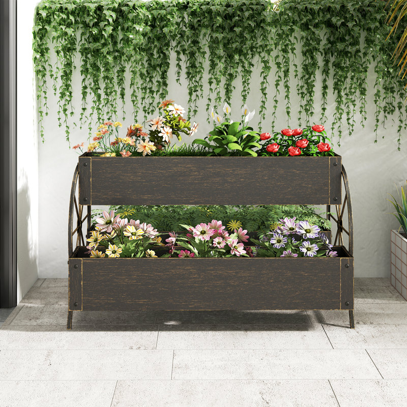 Boîte à fleurs à 3 niveaux en métal, petit jardin surélevé avec trous de drainage, Poli or