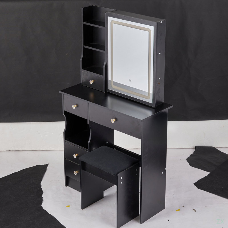 29.2" Small Left Drawer Desktop Vanity Table + Cushioned Stool, Black