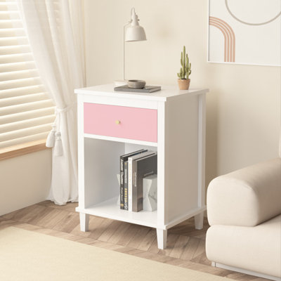 26.77''H Wooden Nightstand with One Drawer One Shelf for Kids, Adults, White+Golden handle