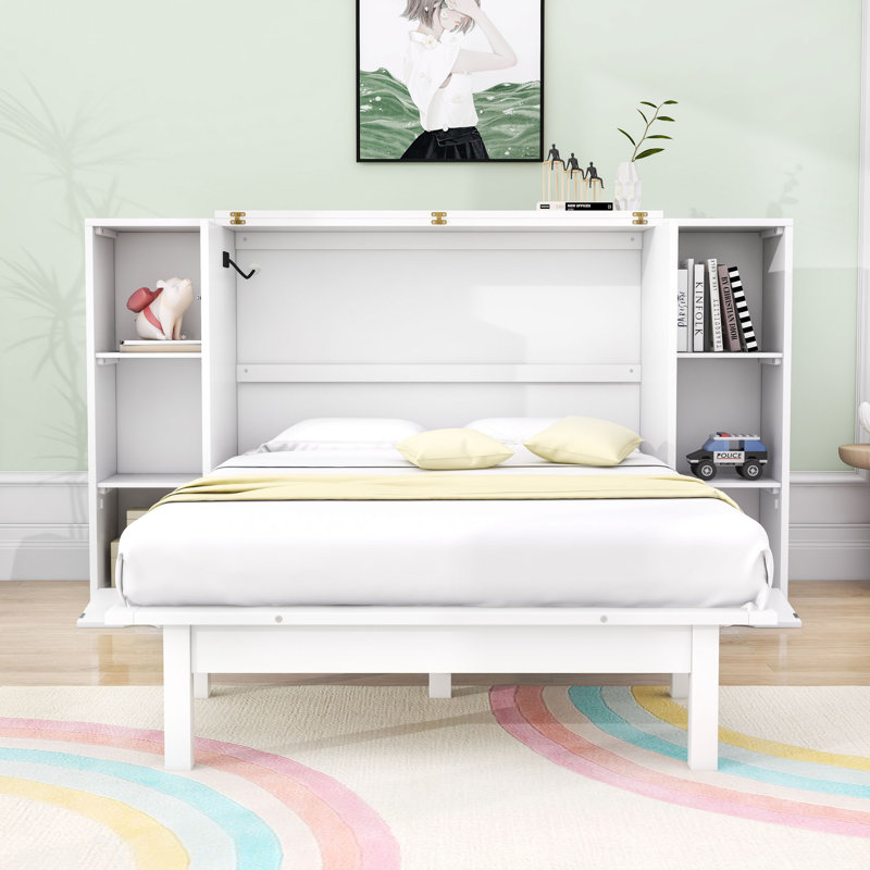 Lit escamotable en bois avec tablettes, tiroir et ports USB Stronski, Blanc