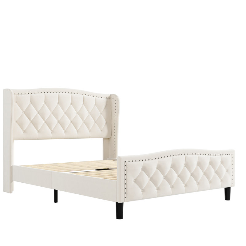 Structure de lit moderne en velours pour grand lit - plateforme rembourrée avec tête de lit à oreilles chic, sans bruit, sans sommier tapissier, voie d'assemblage simple (tissu de taille, ressort nécessaire, facile (blanc