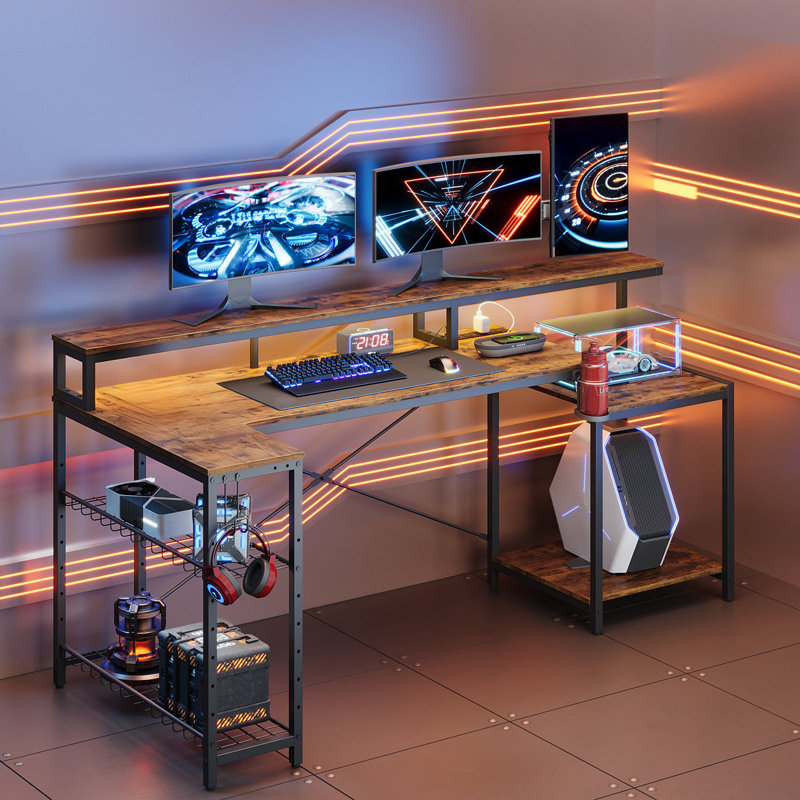 181Cm Rectangular Computer Desk with Power Outlets, L Shaped LED Office Desk with Long Monitor Stand, Brown