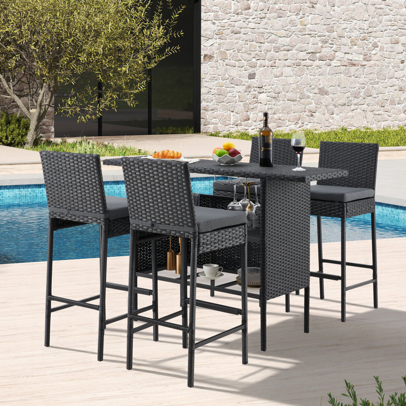 Wicker Bar Set with 4 Stools & Outdoor Bar Table