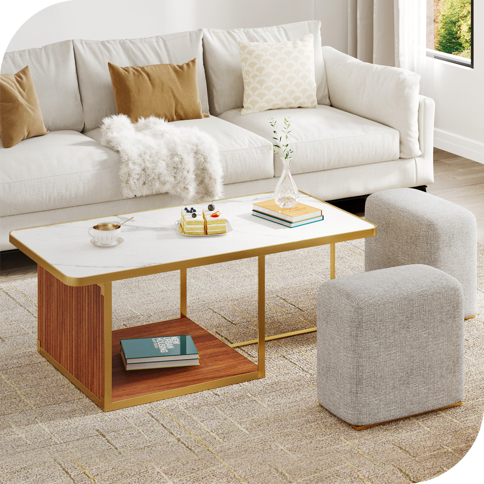 Coffee table with discount stools and storage