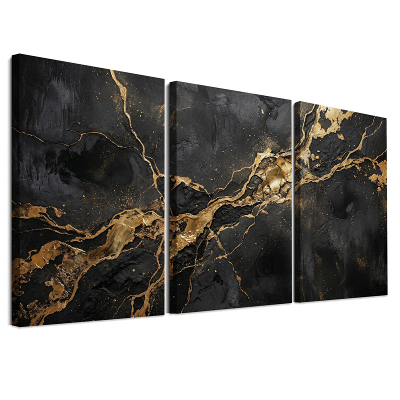 Abstrait art texturé sur toile marbré noir et doré, H 30 po x l 20 po x 3 pièces