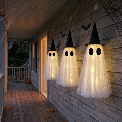 Halloween Hanging Ghost Decorations with LED Lights and Remote Control, Timer Function, Waterproof Ghost and Witch Props for Yard, Porch, Haunted House, Party & Outdoor Decor