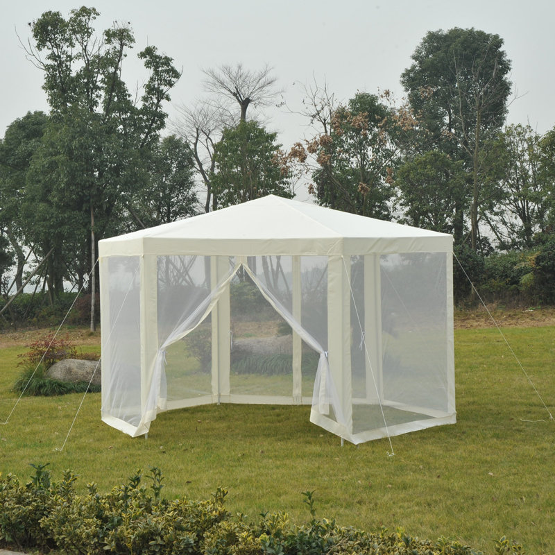 13 Ft Hexagon White Steel Frame Patio Gazebo with Mesh Walls