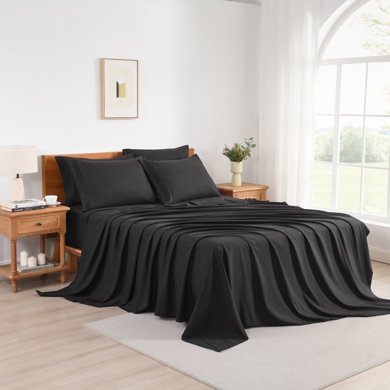 4/6 Pcs Soft Solid & Embroidery Bed Sheets Set, Twin, Black