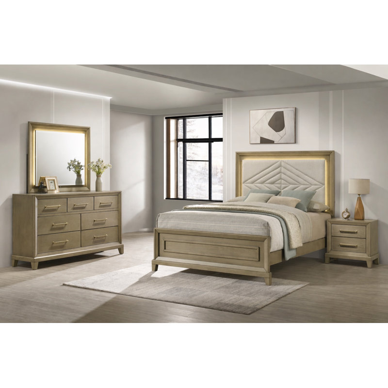 Ensemble de chambre avec lit à panneaux 5 pièces Dove, Cinq articles : lit, commodes, miroir, table de c, Grand lit