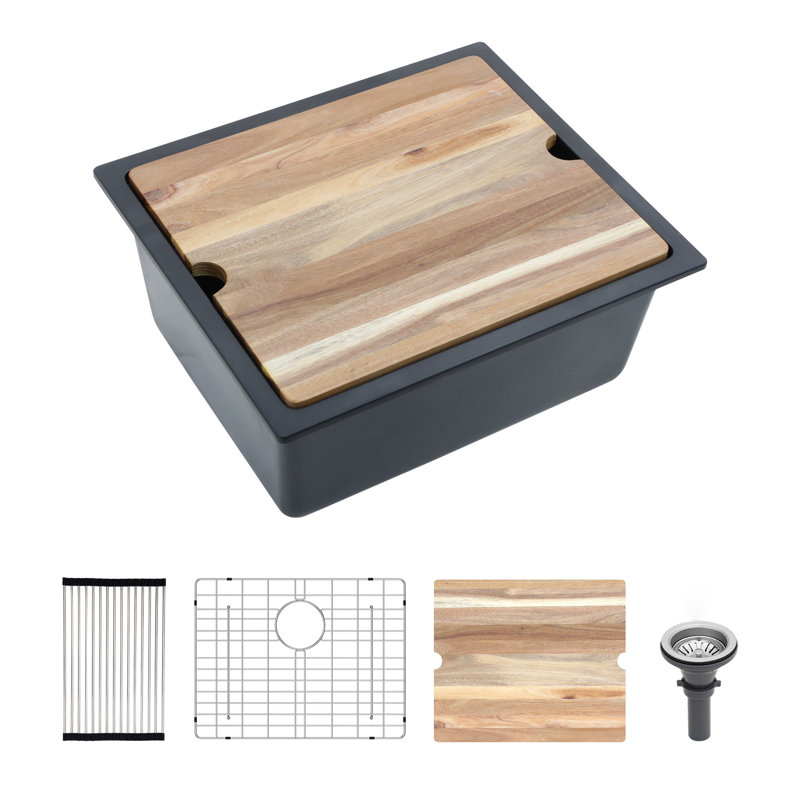 Évier de cuisine encastrable en quartz 21 po x l 18 po avec comptoir en granite noir mat avec grille d'évier, crépine, planche à découper et support à roulettes