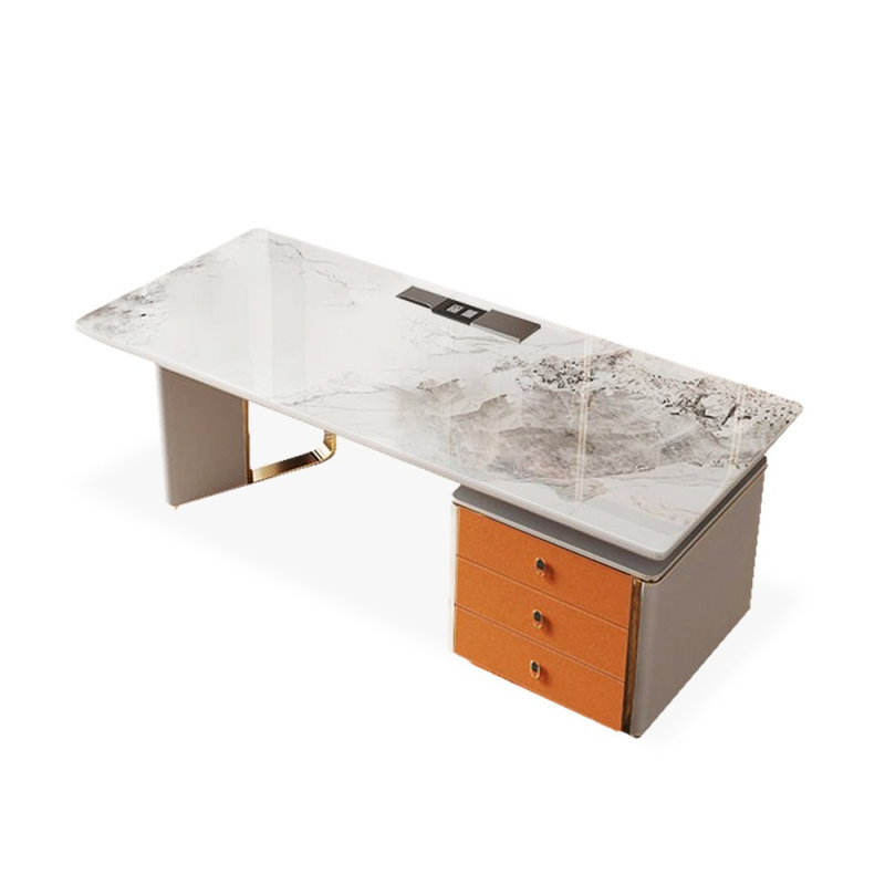 Bureaux rectangulaires en bois massif, H 29,53 po x l 55,12 po x P 27,56 po, Gris / Orange