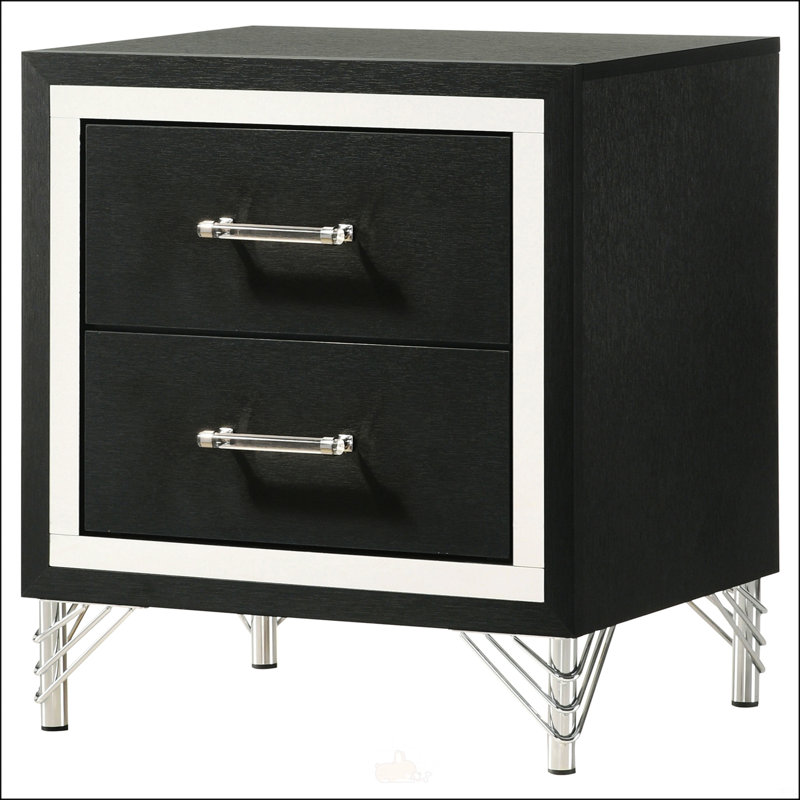 Table de chevet 2 tiroirs Malcolm noire avec bordure chromée et pieds en épingle à cheveux, parfaite pour un décor moderne et rétro