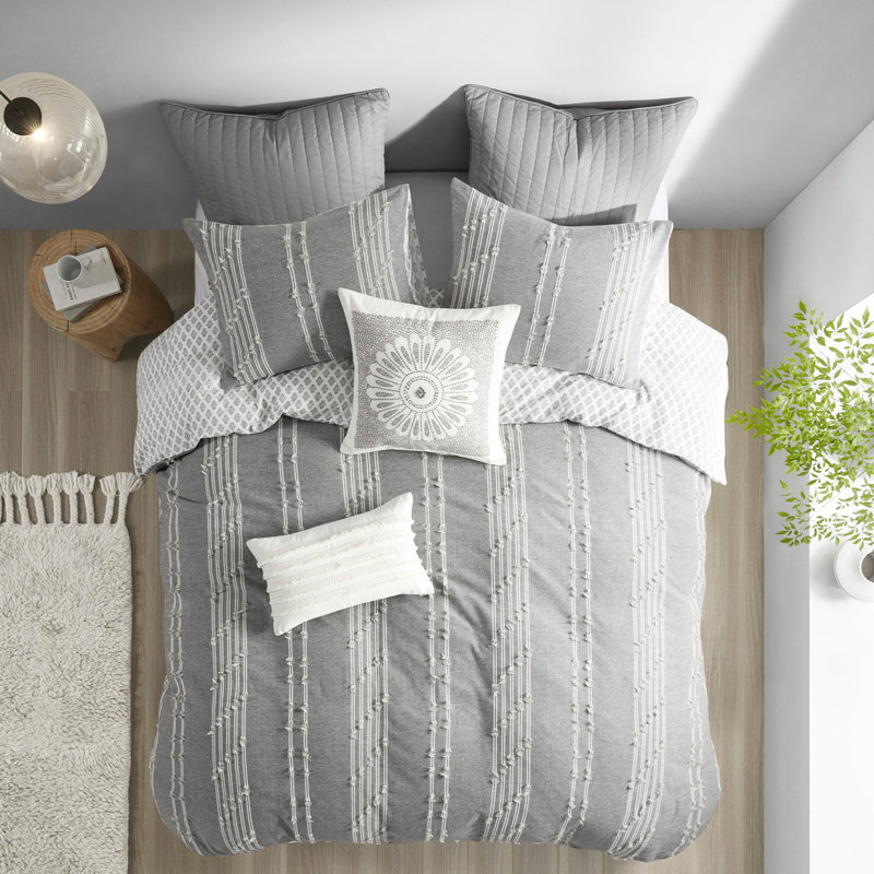 3 housse de couette très grand / très grand - coton, fond gris avec imprimé, boutonné, attaché en coin, réversible, lavable à la machine, 100% coton, 3 bandes de literie, fermeture à boutons, attaches intérieures,