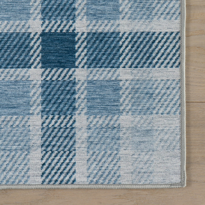 Andri Plaid Blue Machine Printed Washable Rug, Rectangle 3' x 5'
